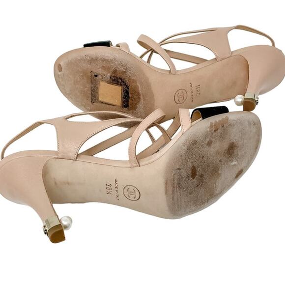 Chanel Neutral Strappy Pearl Detail CC Logo High Heel Sandals size 38.5 US7.5 - Picture 5 of 16